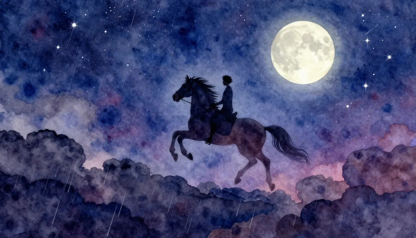 Vibrant watercolor style. A lonely moon riding a magical hor...