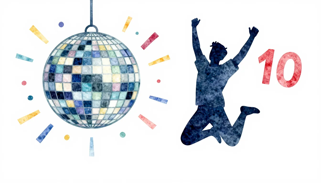 Watercolor style. A bright party scene with a disco ball, a ...