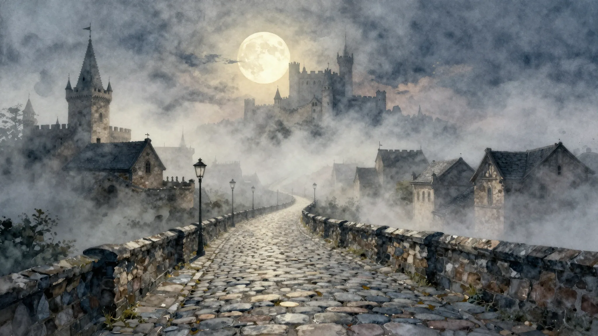 Watercolor style. A mystical ancient city shrouded in thick ...