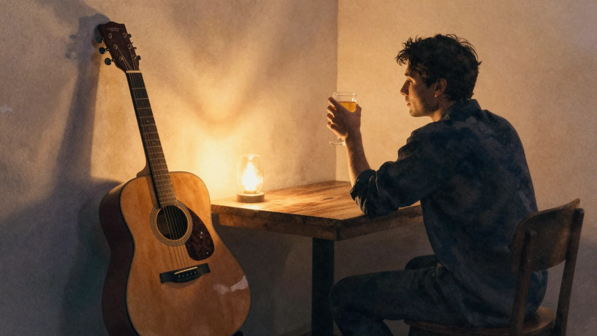 Watercolor style. A cozy evening setting, a guitar leaning a...