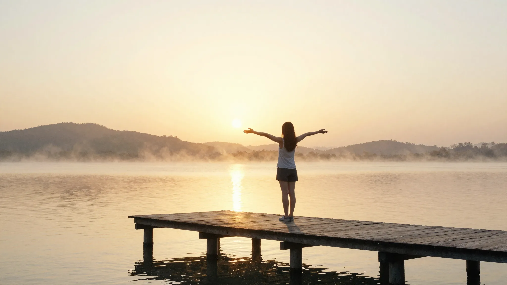 Watercolor style. A peaceful sunrise over a calm lake with a...