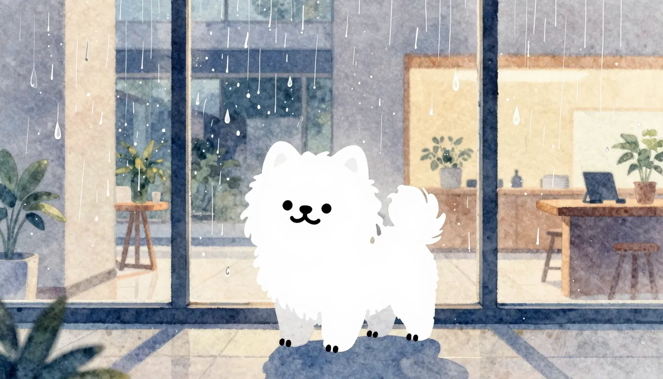 Watercolor style. A cute fluffy dog silhouette standing insi...