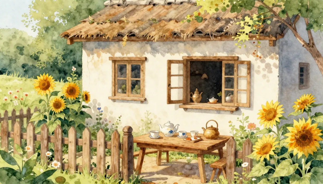 Watercolor style. A cozy rural house with a wooden fence, a ...