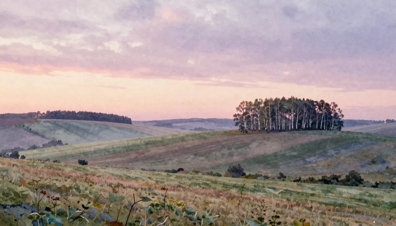 Watercolor style. A vast landscape with rolling hills and fi...