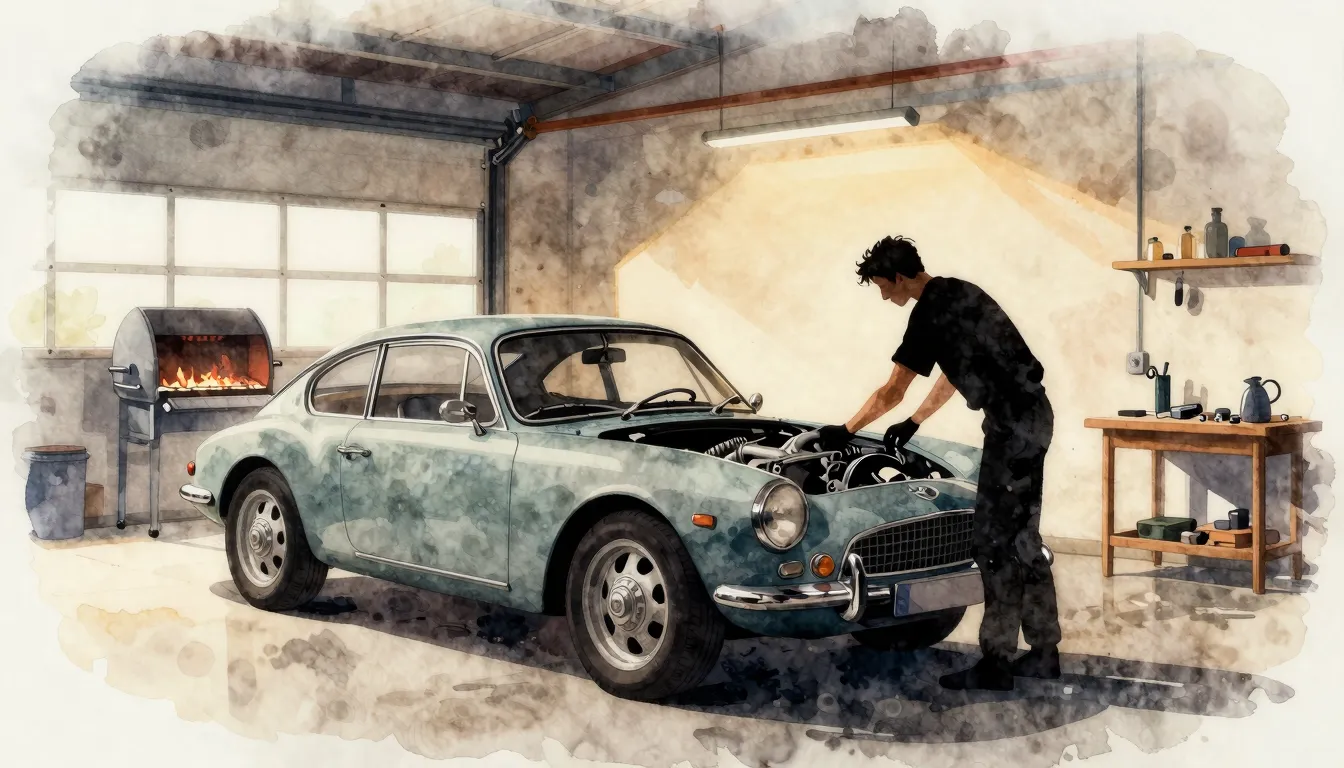Watercolor style. Silhouette of a man working on a classic G...