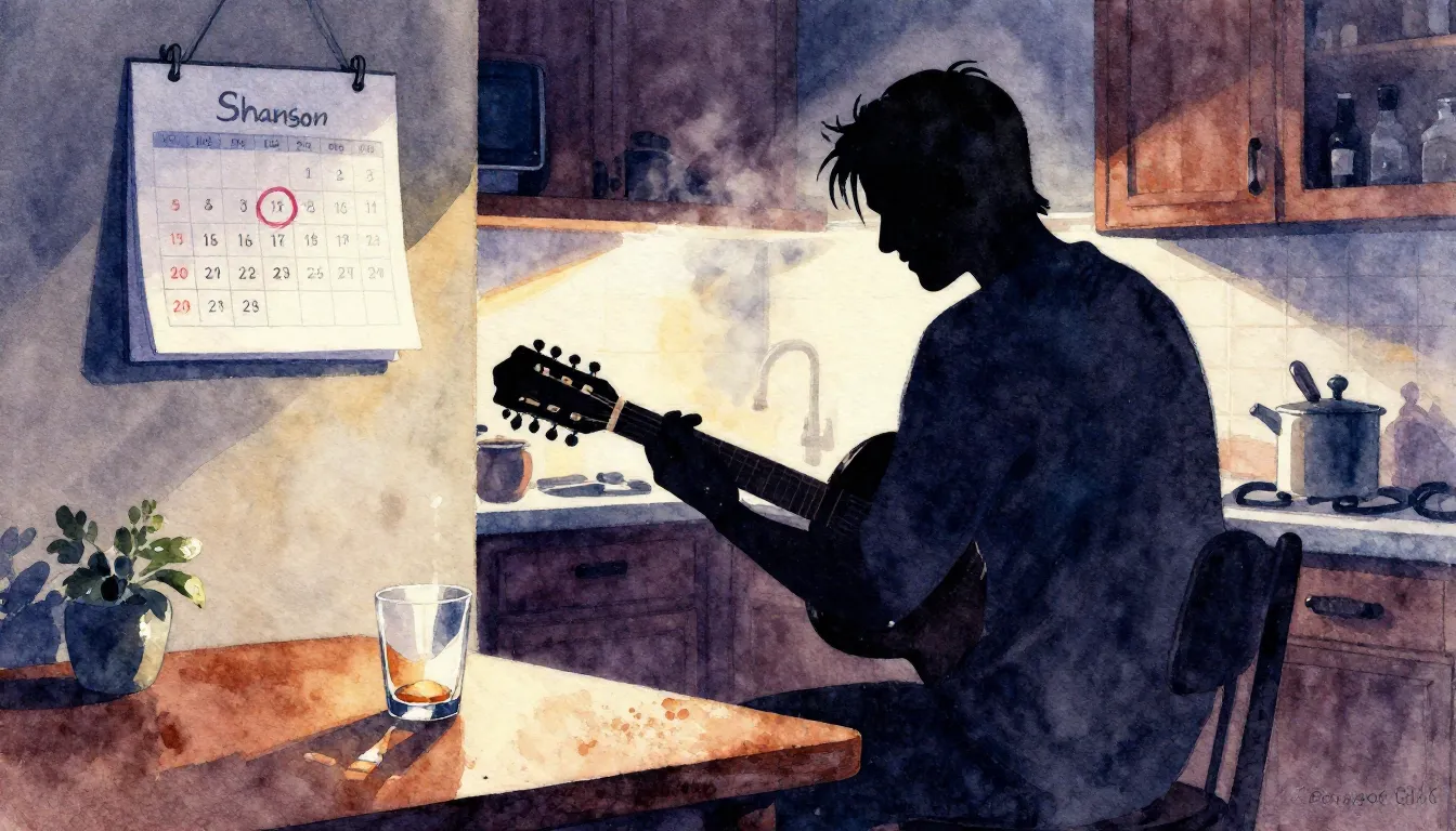 Vibrant watercolor style. A dimly lit, smoky kitchen scene. ...