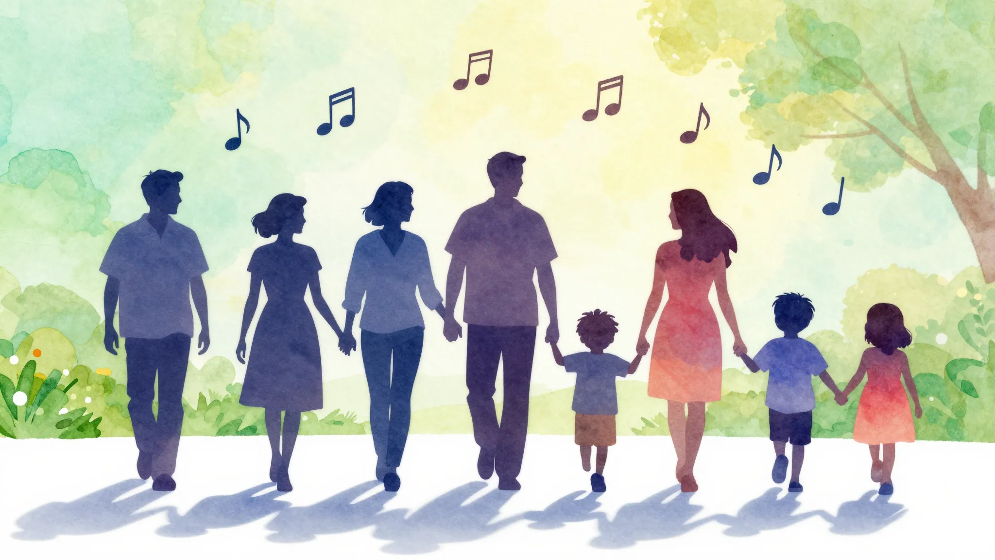 Watercolor style. A cheerful silhouette of a group of adults...