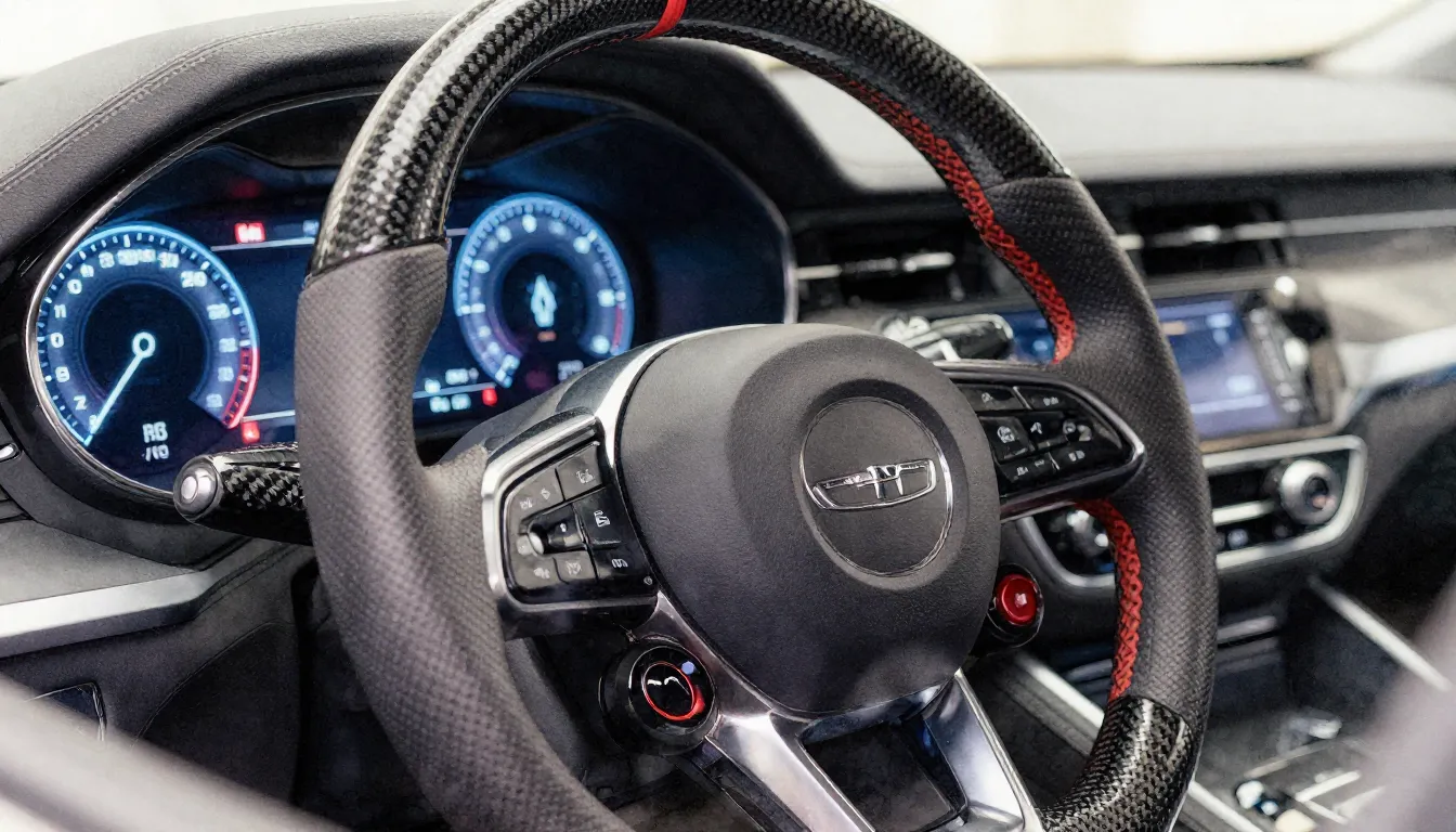 Watercolor style. Close-up of a luxury car steering wheel an...