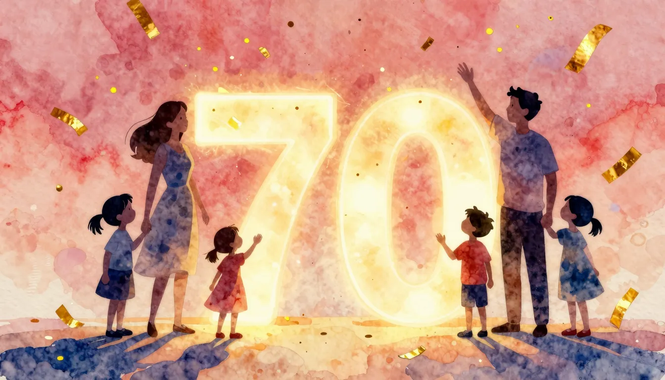 Watercolor style. A silhouette of a large happy family stand...