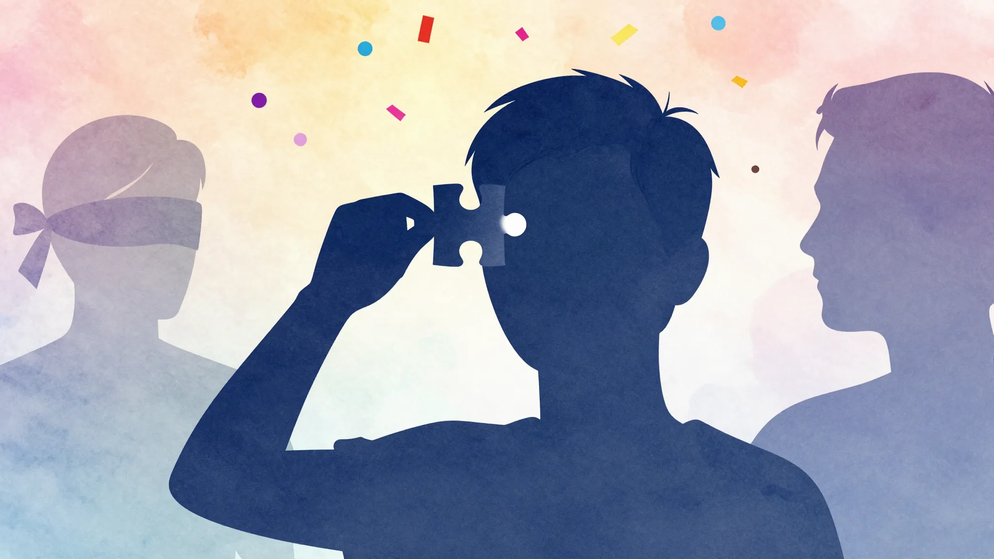 Watercolor style. Silhouette of a person putting a puzzle pi...