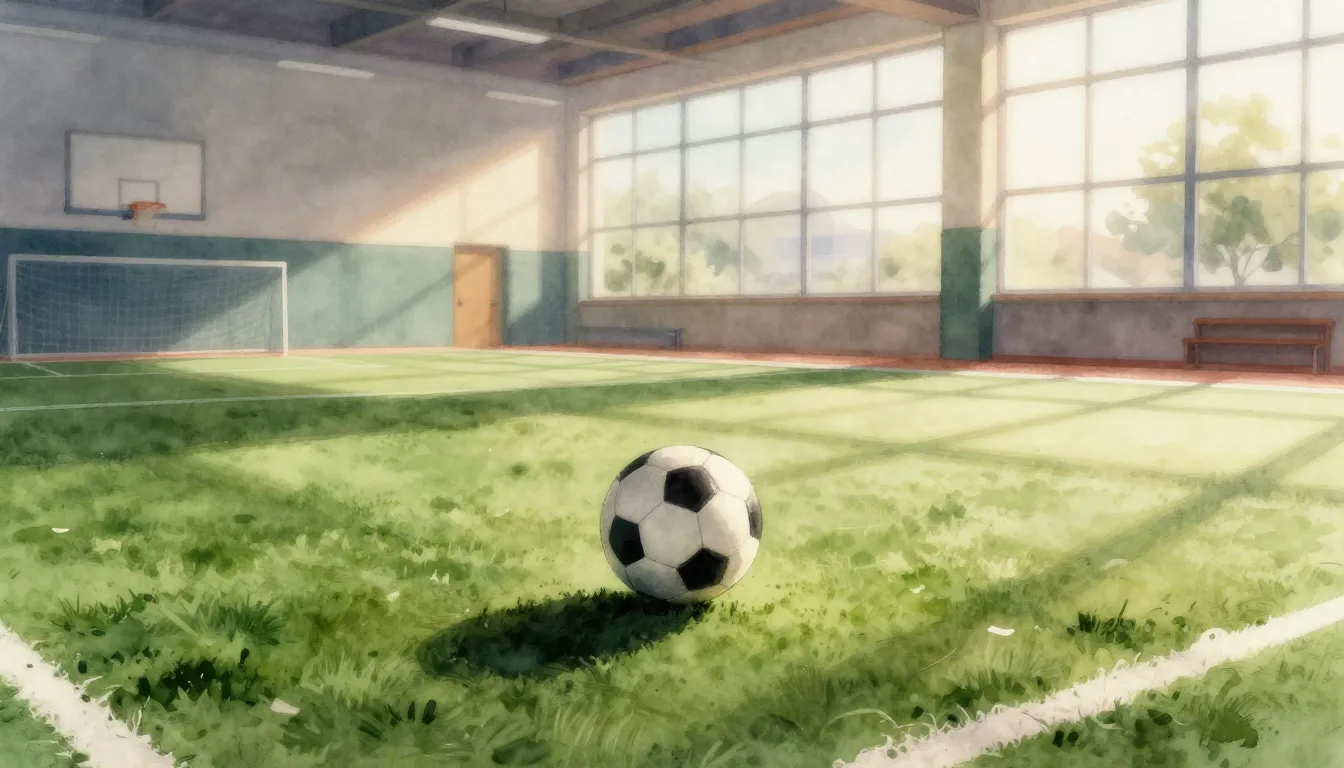 Watercolor style. Cinematic shot of a modern school gym, a b...