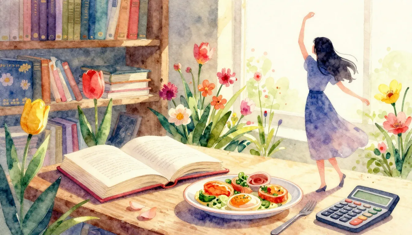 Vibrant watercolor style. Vibrant spring flowers, a cozy lib...
