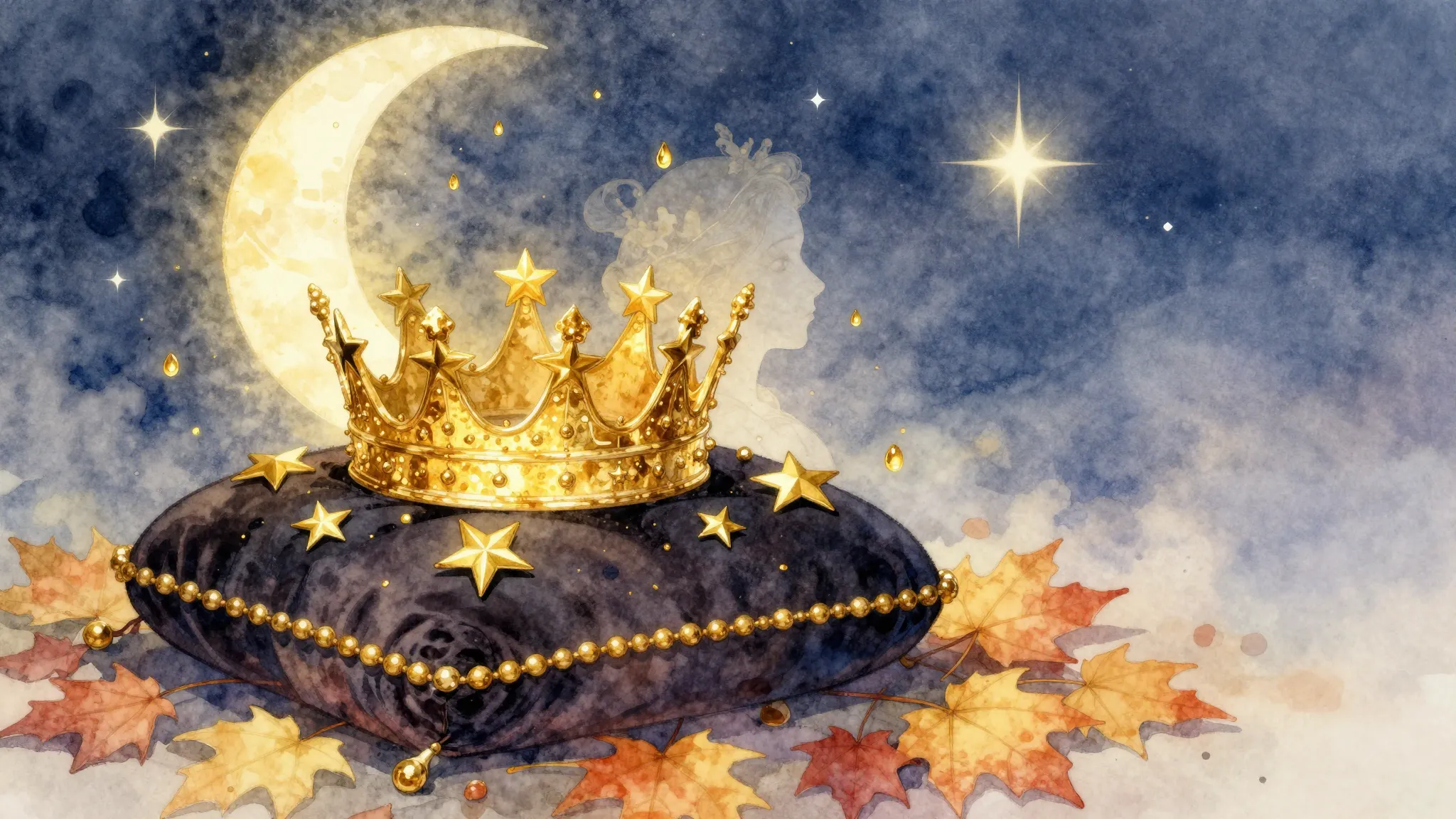 Vibrant watercolor style. A golden crown made of fallen star...