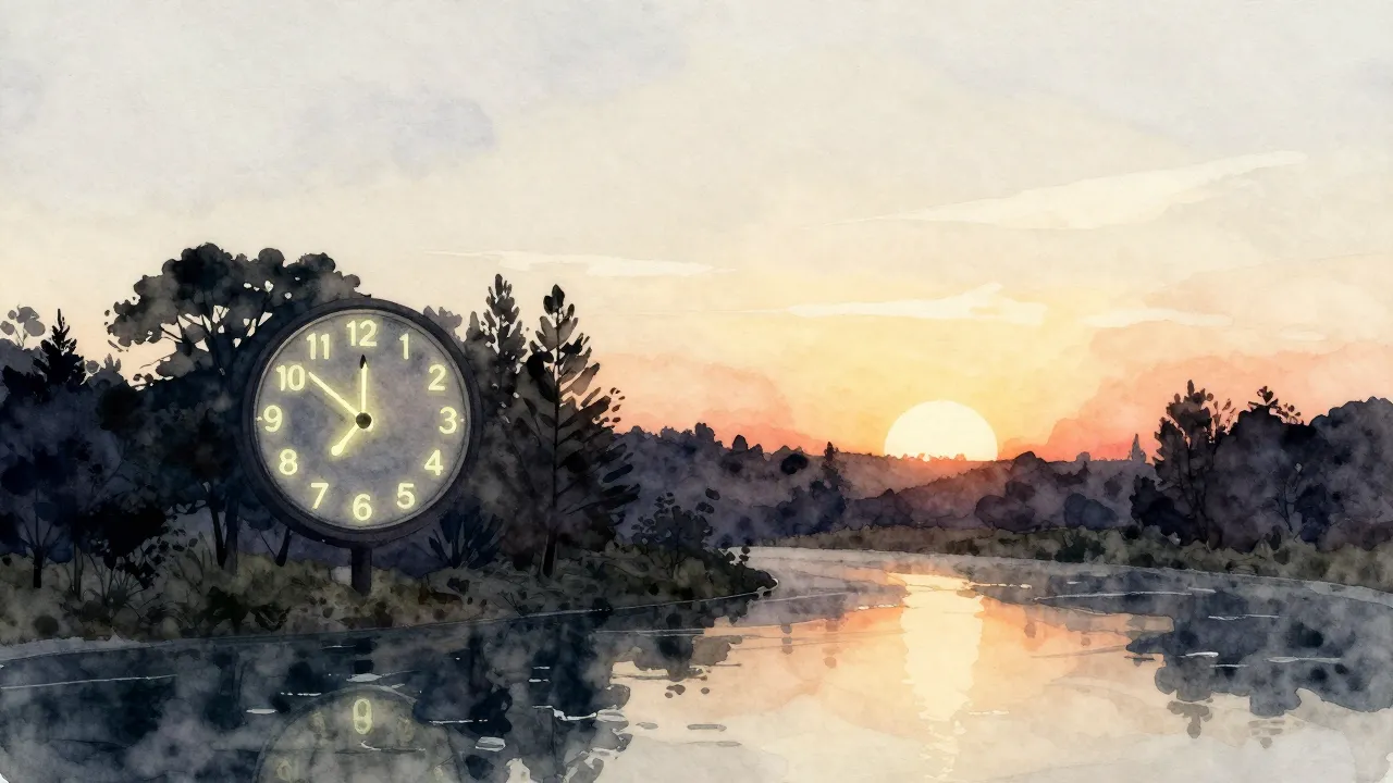 Watercolor style. A serene landscape with a glowing clock sh...