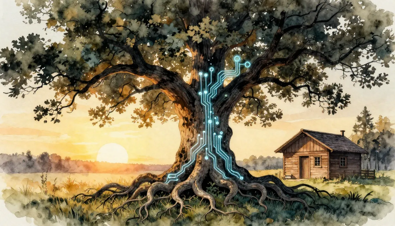 Watercolor style. A silhouette of an old oak tree with deep ...