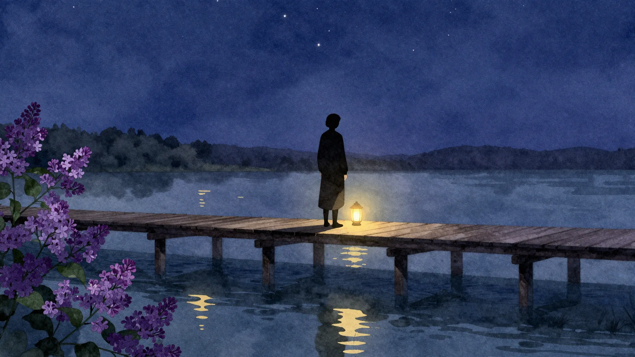 Watercolor style. A dark silhouette of a lonely person stand...