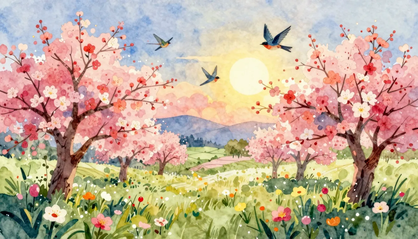 Vibrant watercolor style. Folk song cover art: spring landsc...