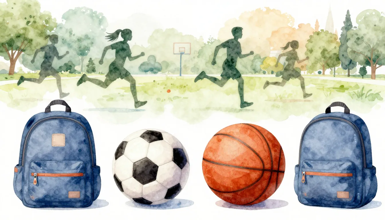 Watercolor style. A creative composition of sports equipment...