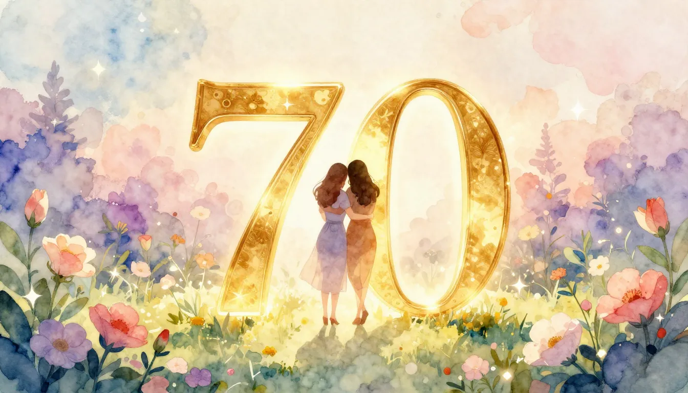 Watercolor style. A golden number 70 glowing in the center o...