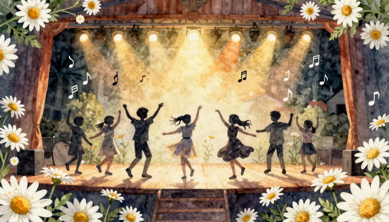 Watercolor style. A festive rural stage decorated with many ...