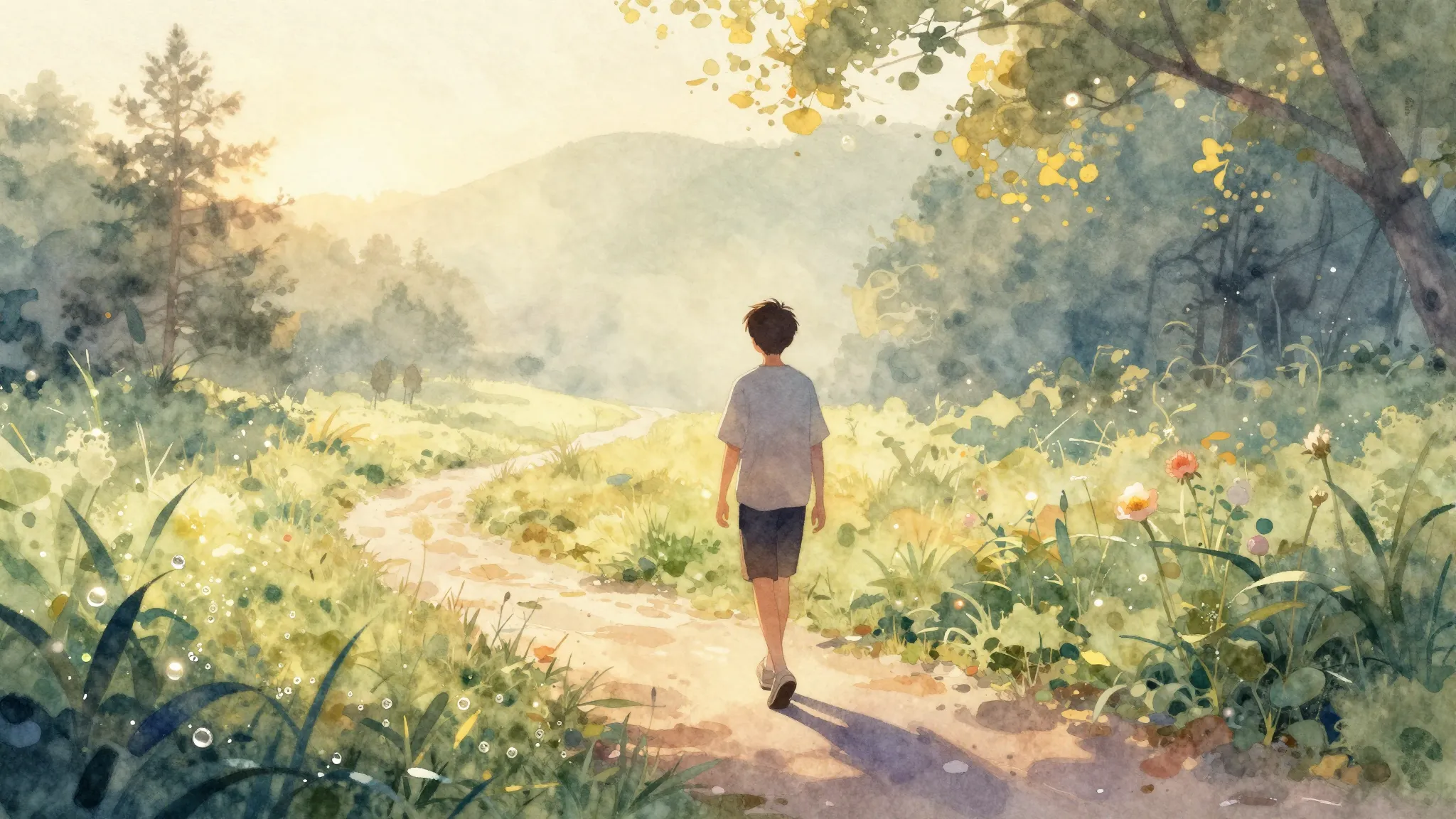 Vibrant watercolor style. A serene, ethereal landscape with ...