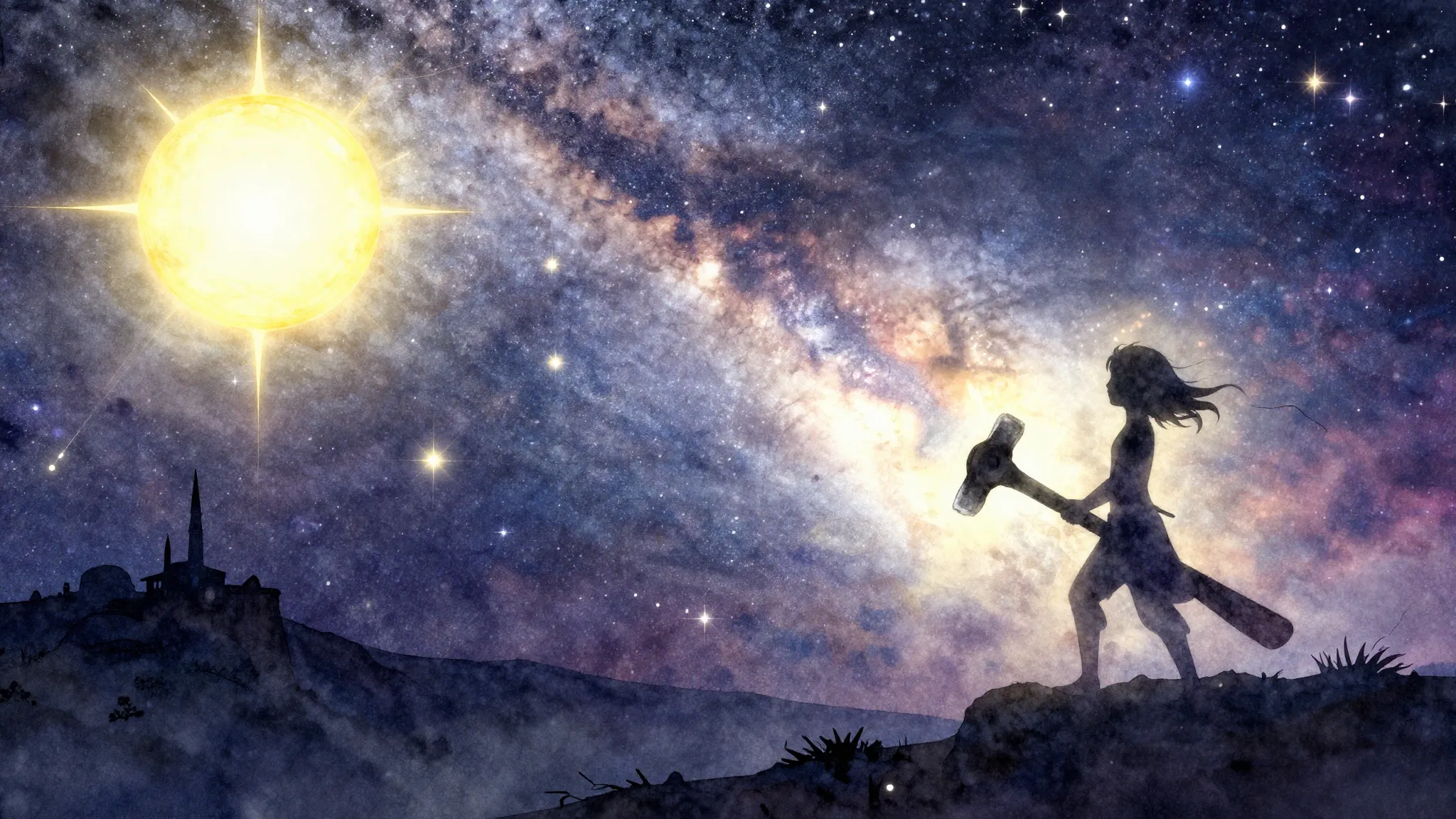 Watercolor style. A glowing cosmic spark forging a fantasy l...