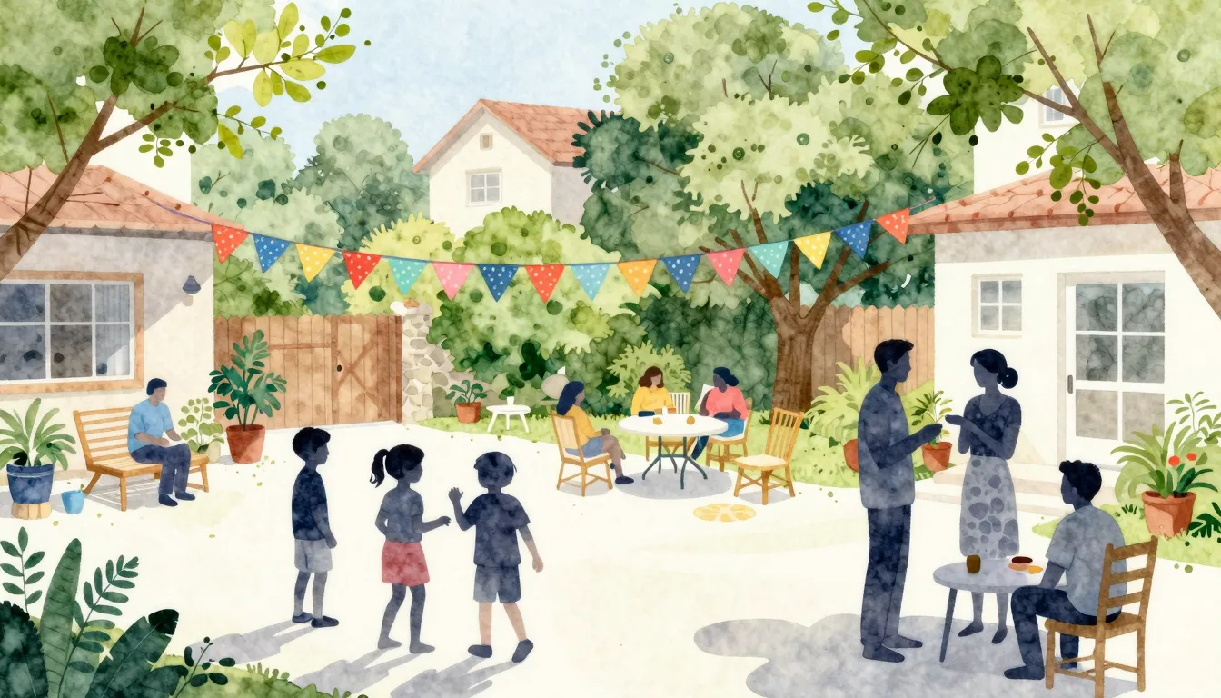 Watercolor style. A festive summer scene in a residential ya...
