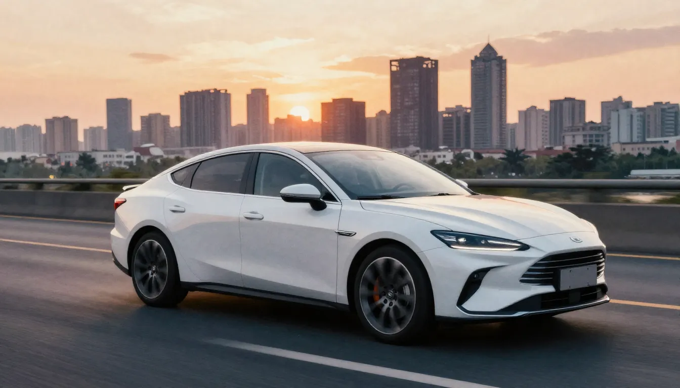 Watercolor style. A sleek white modern sedan driving on a ci...