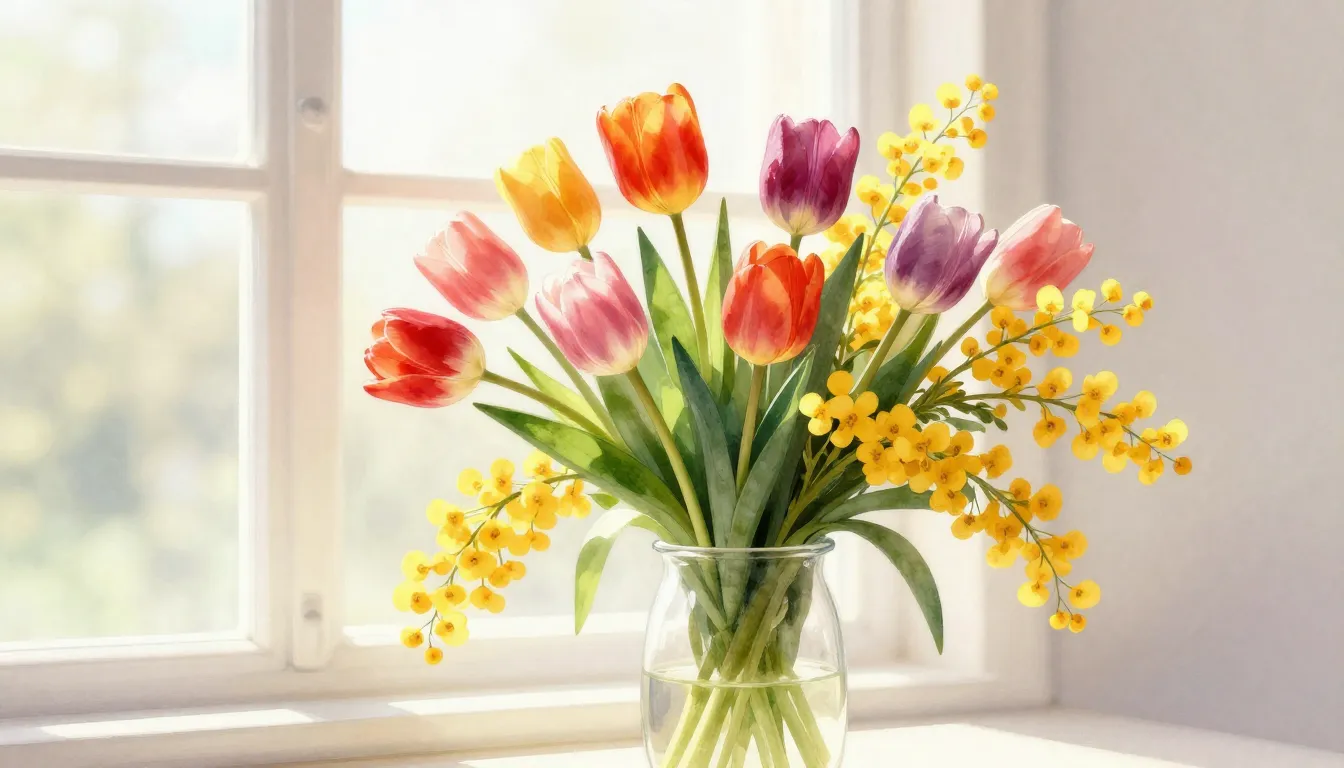 Watercolor style. A vibrant bouquet of spring tulips and mim...