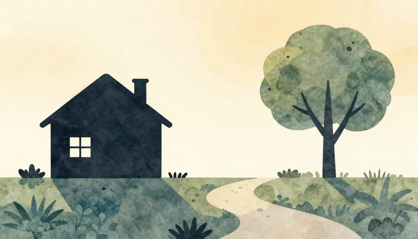 Watercolor style. Minimalist silhouette of a house and a tre...
