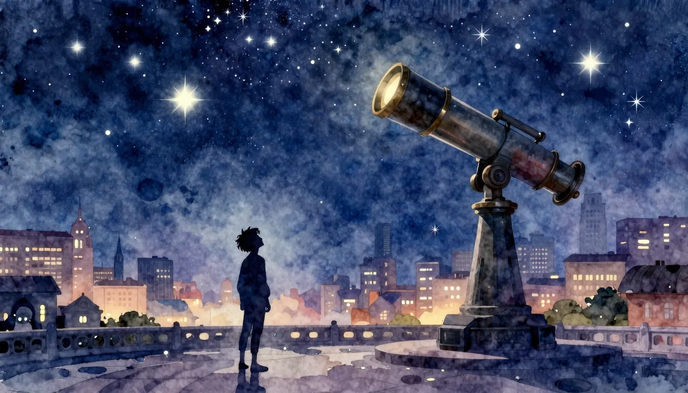 Watercolor style. A silhouette of a person looking up at a s...