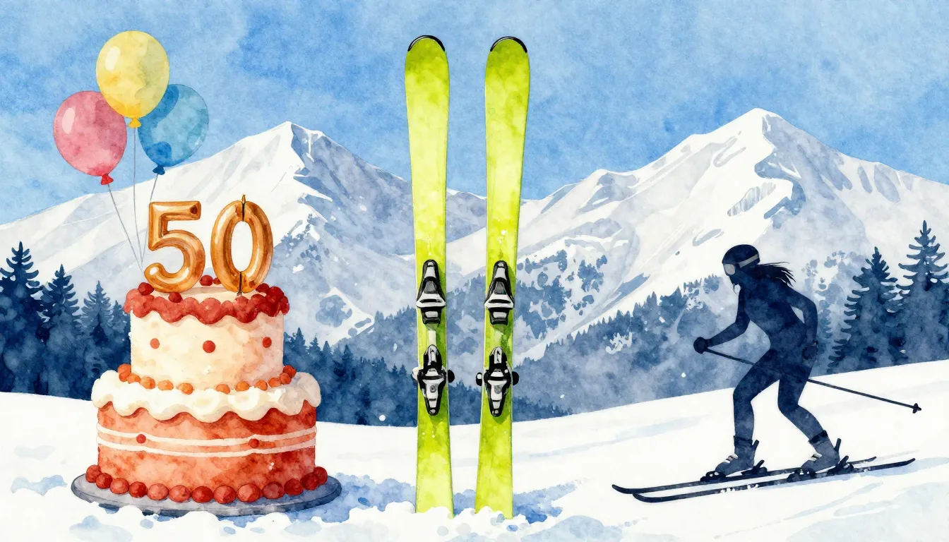 Watercolor style. A pair of bright skis standing in the snow...