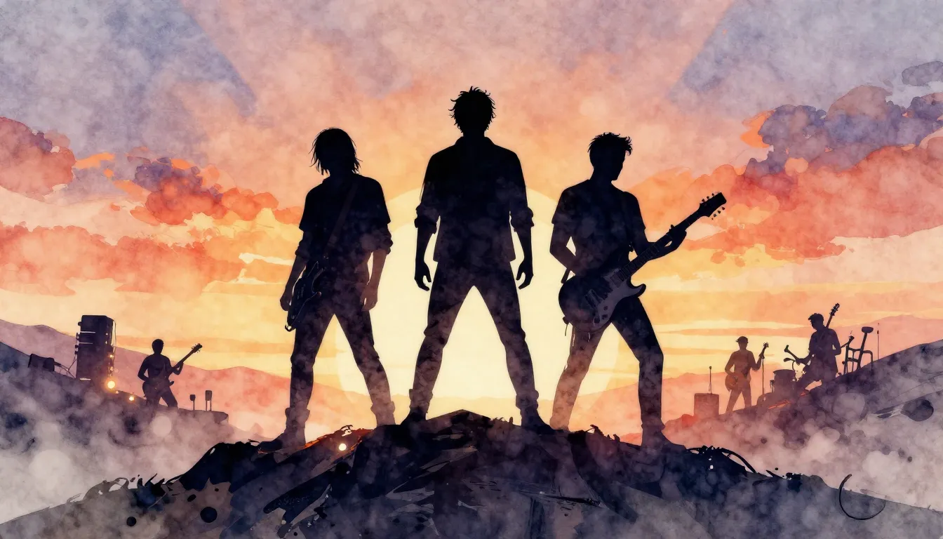 Watercolor style. Three strong silhouettes of men standing o...