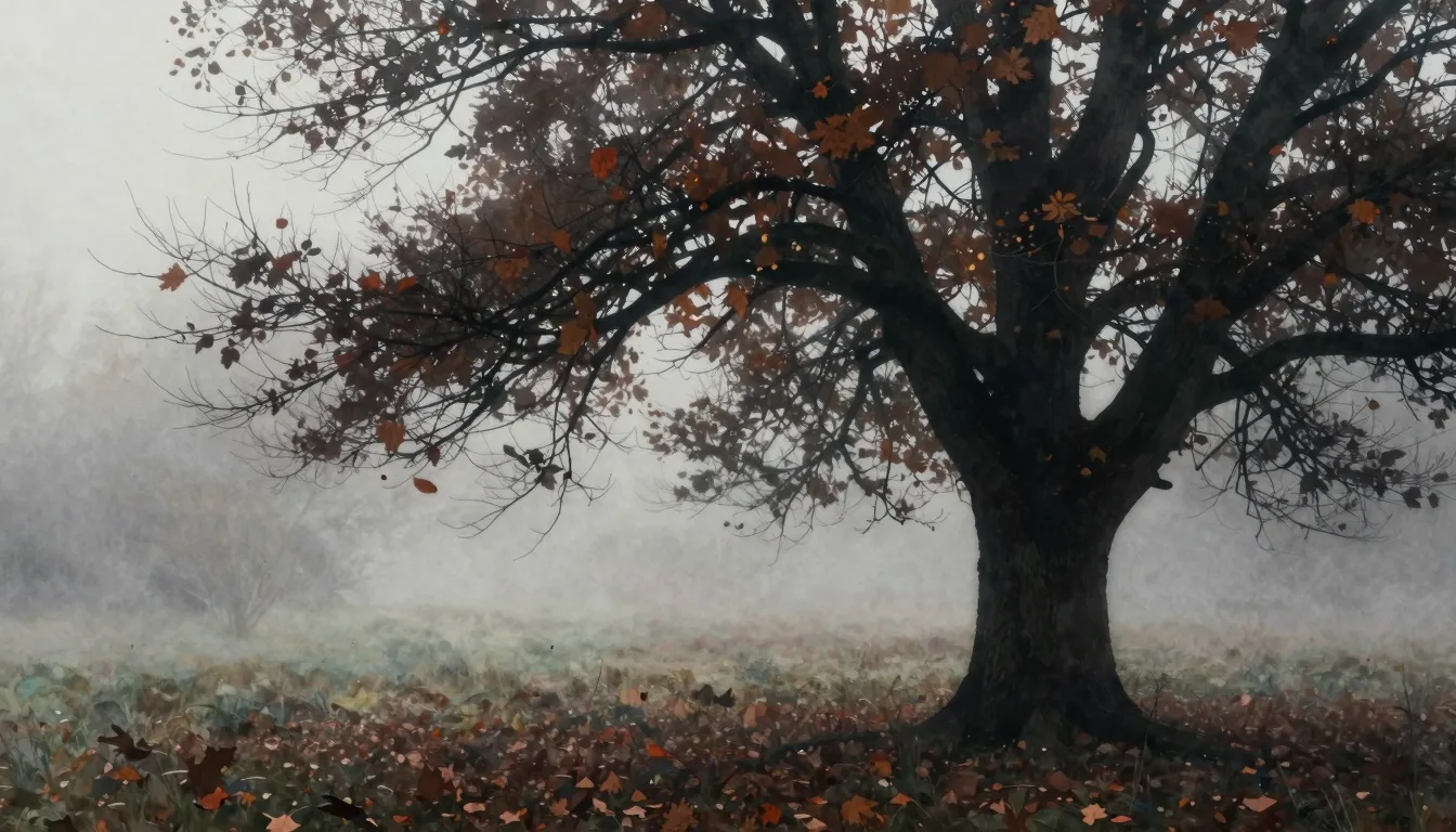 Watercolor style. Silhouette of an old tree in a foggy lands...