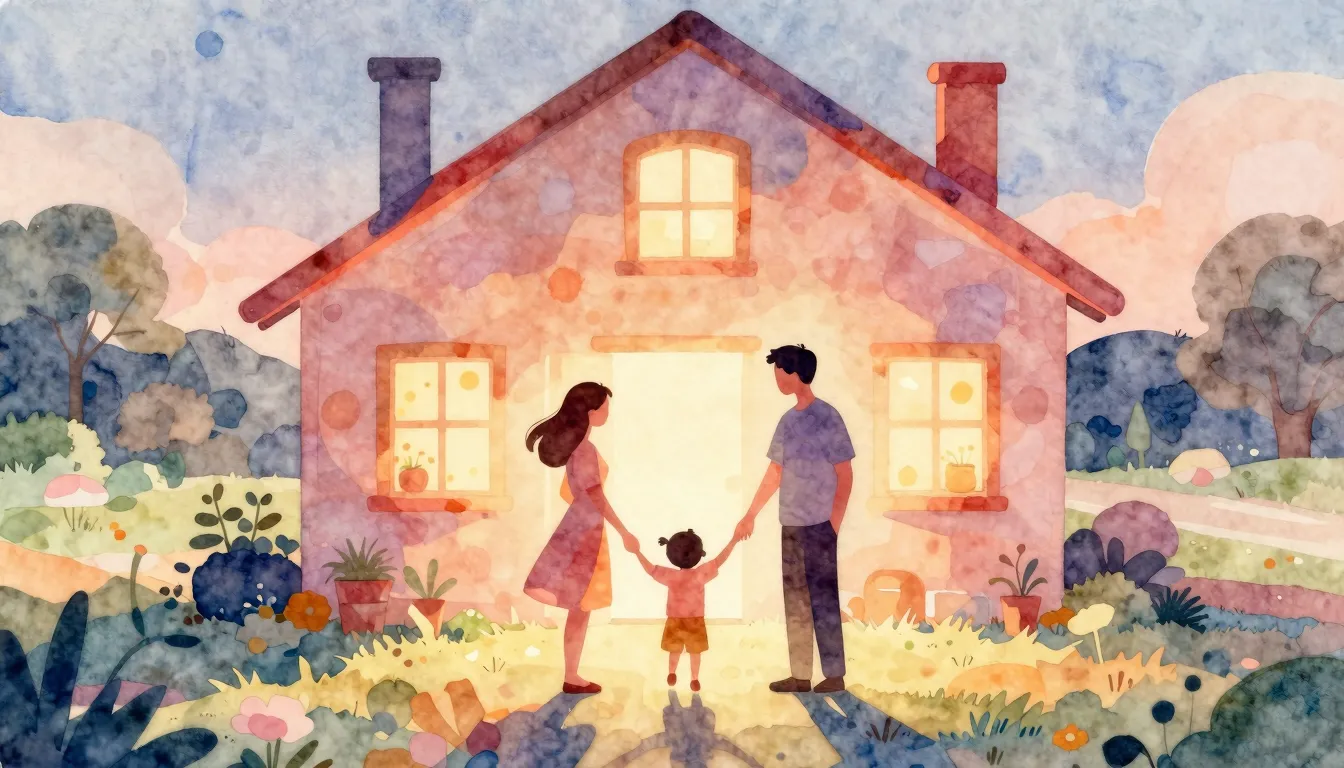 Vibrant watercolor style. Romantic, heartwarming, family-ori...