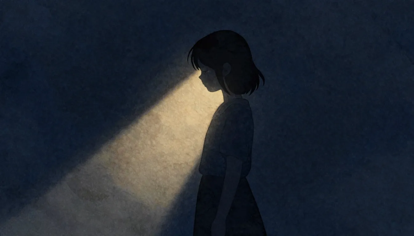 Watercolor style. A silhouette of a girl standing in a dark ...