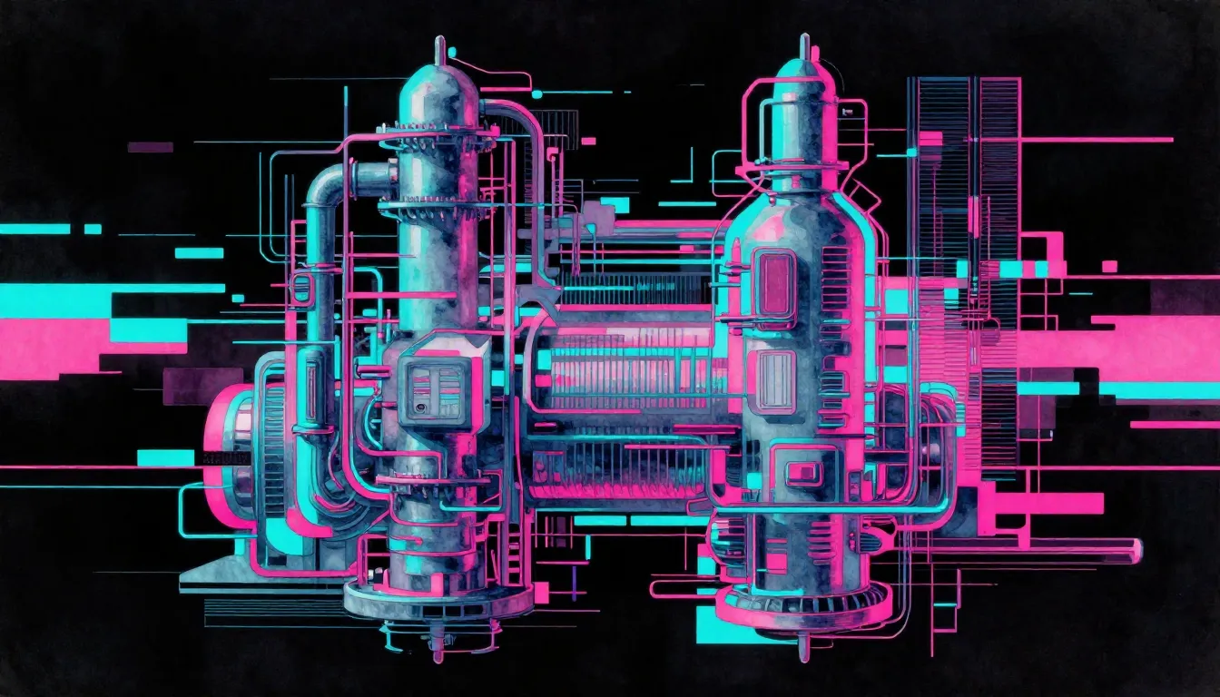 Watercolor style. Industrial glitch art, cyberpunk aesthetic...