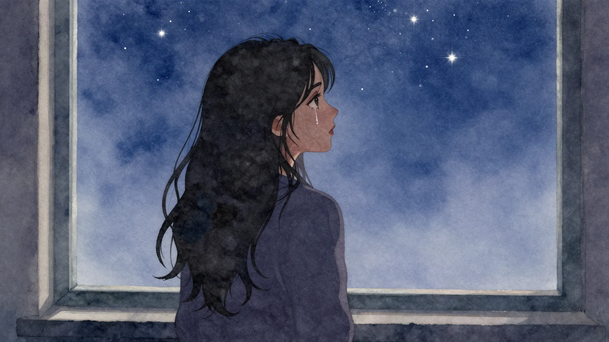 Watercolor style. A silhouette of a woman looking out a wind...