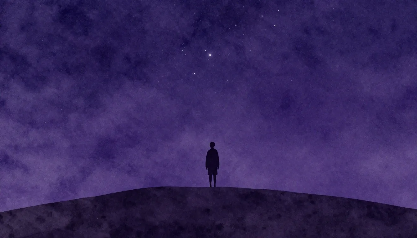 Watercolor style. A lonely silhouette standing on a hill und...