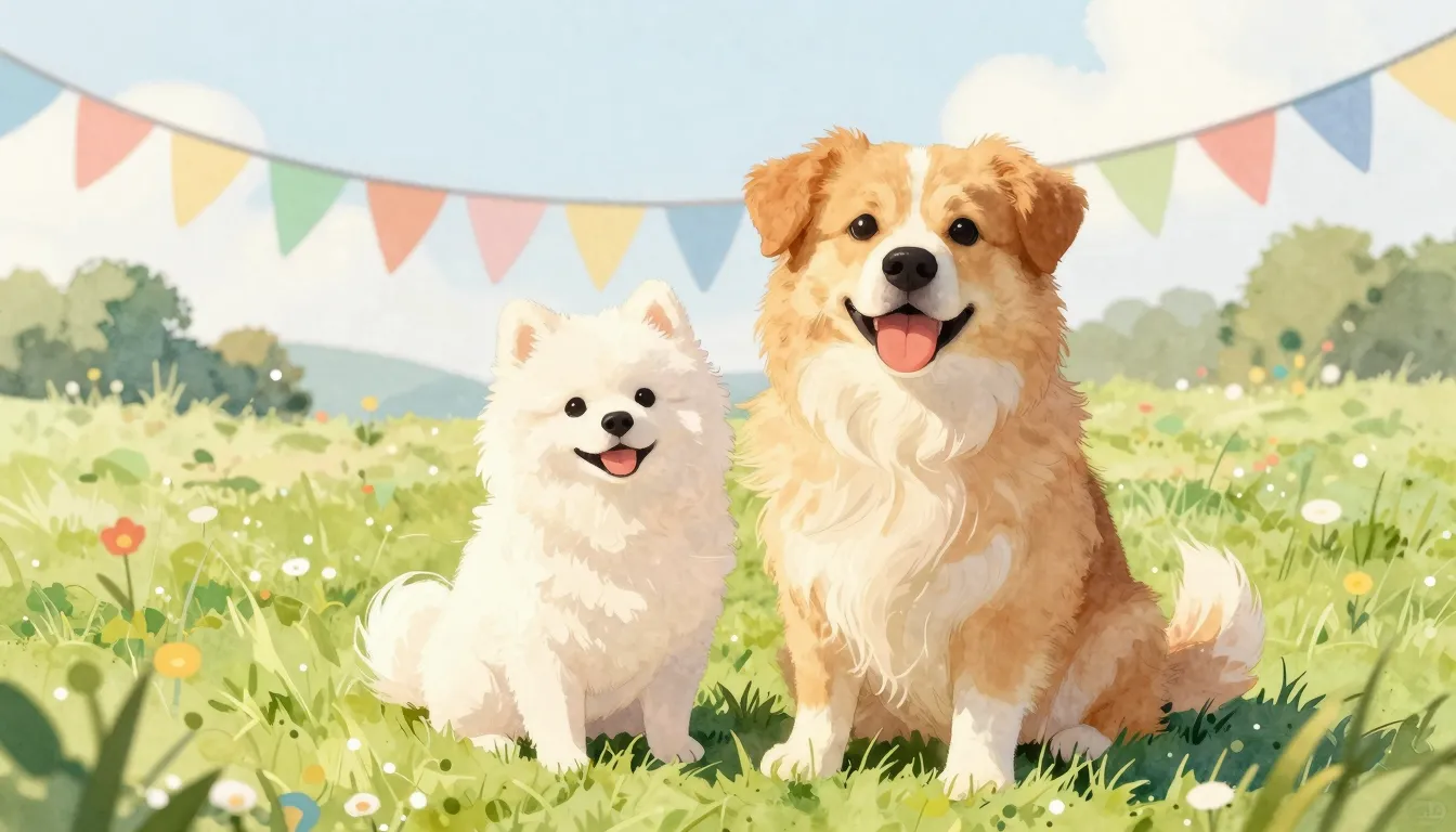 Watercolor style. Two happy dogs of different sizes, a fluff...