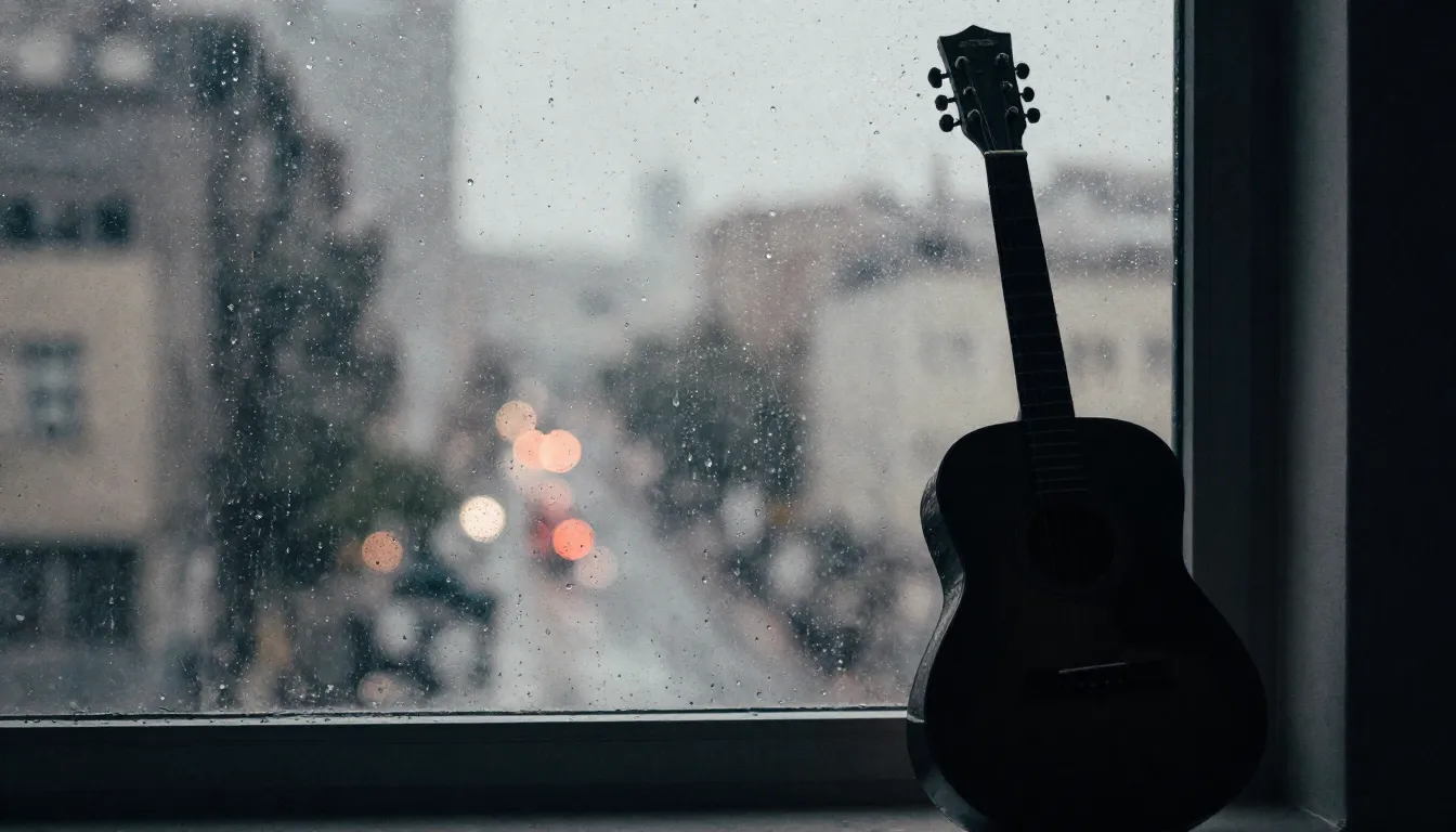 Watercolor style. A dark silhouette of a guitar leaning agai...