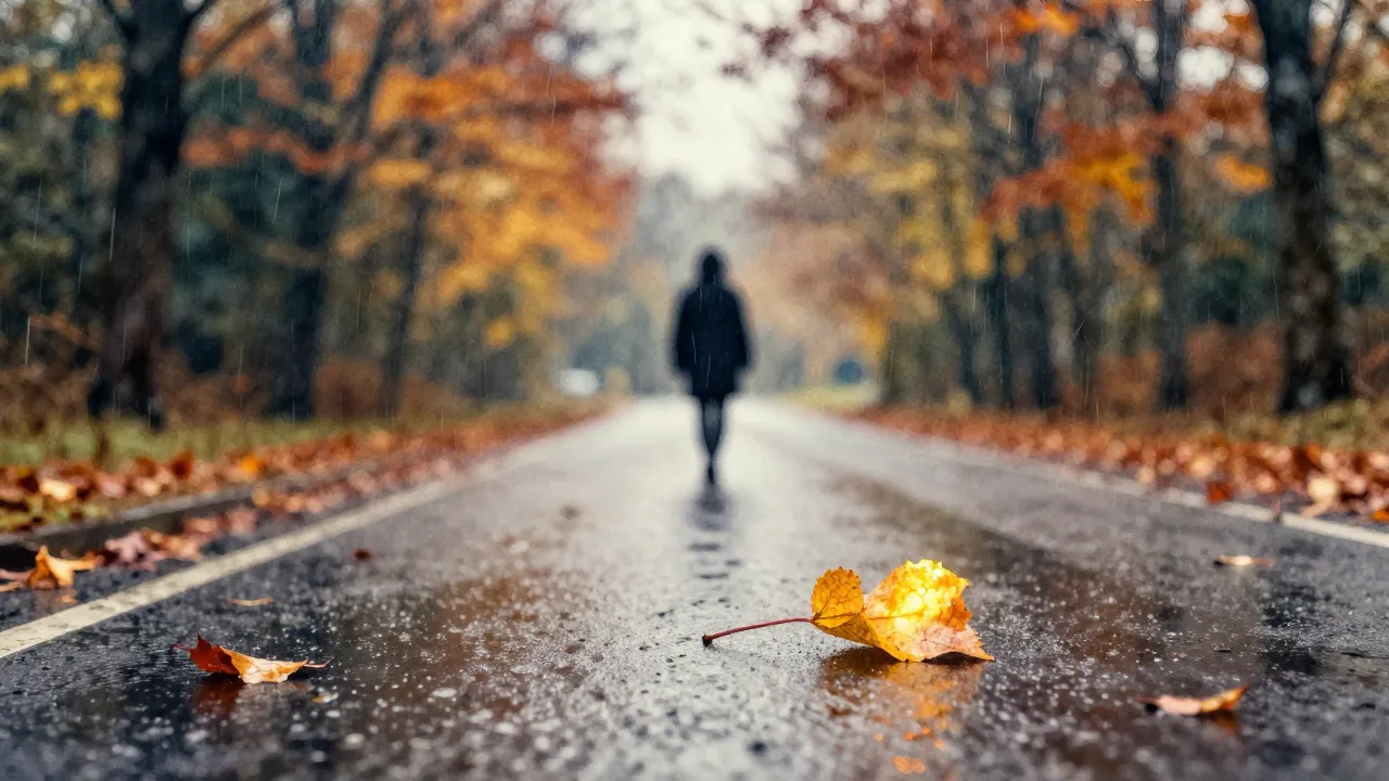 Vibrant watercolor style. A melancholic, rain-soaked autumn ...