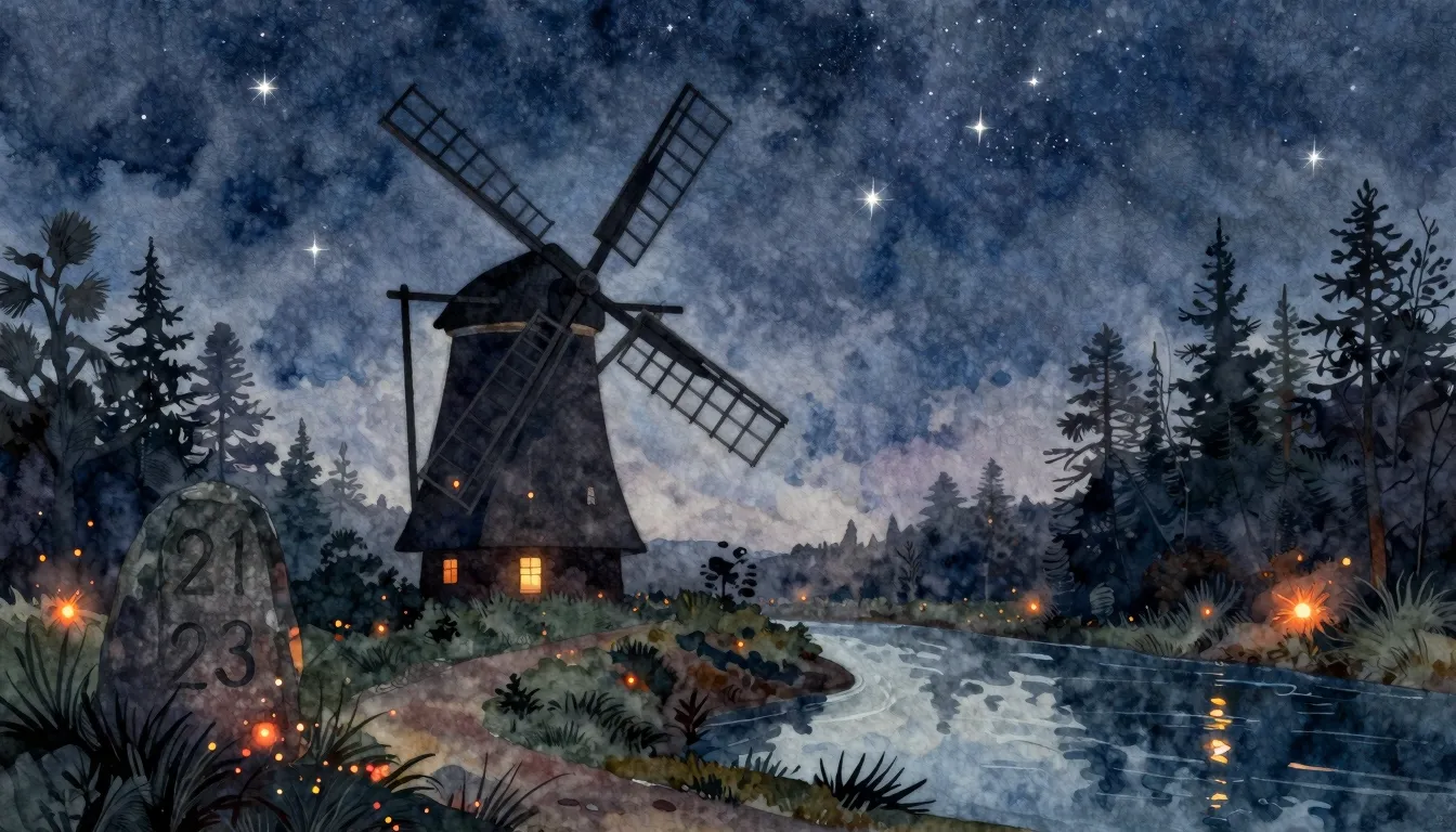 Watercolor style. Silhouette of a windmill and a quiet fores...