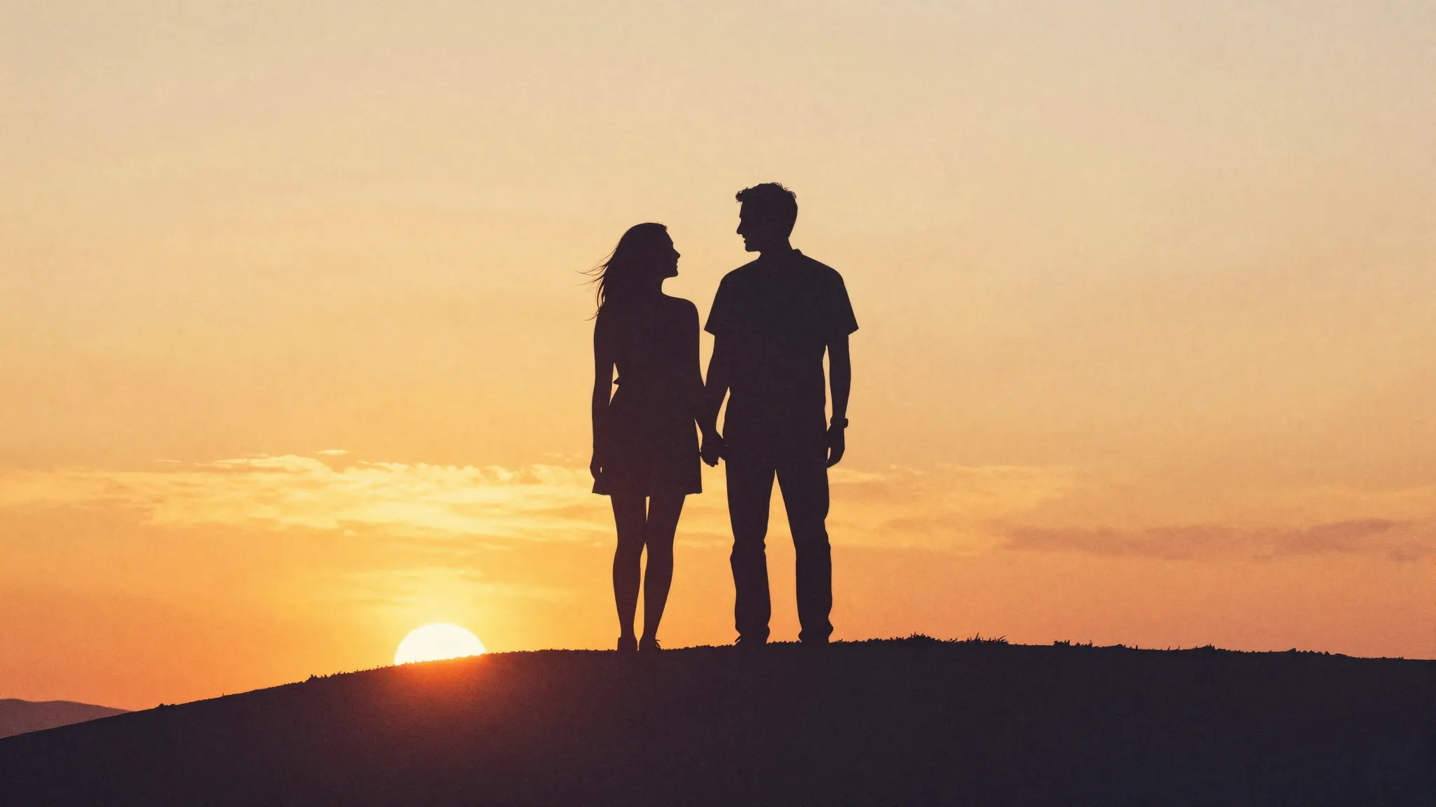 Watercolor style. Silhouette of a happy couple standing on a...