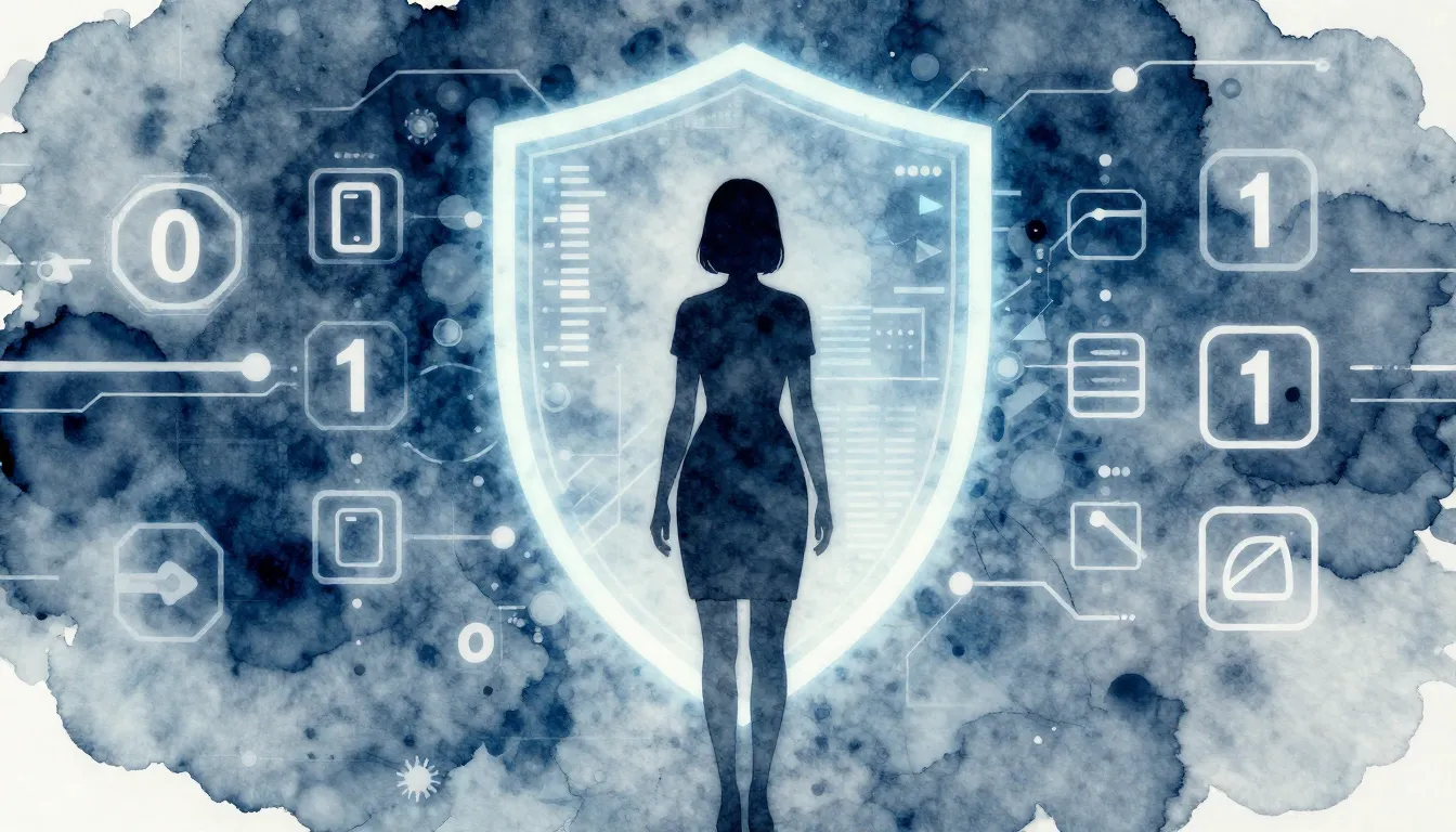 Watercolor style. A dark silhouette of a woman standing in f...