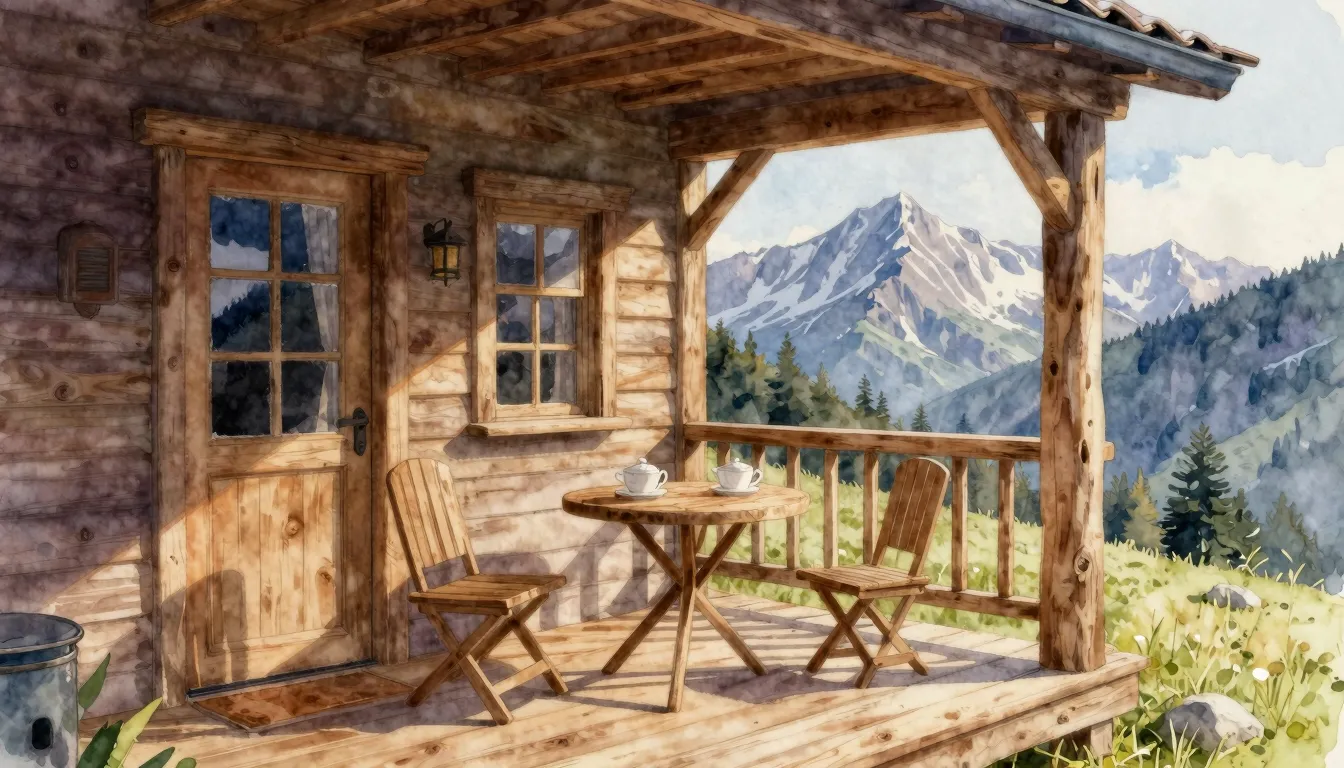 Watercolor style. A cozy wooden porch of a cottage, a small ...