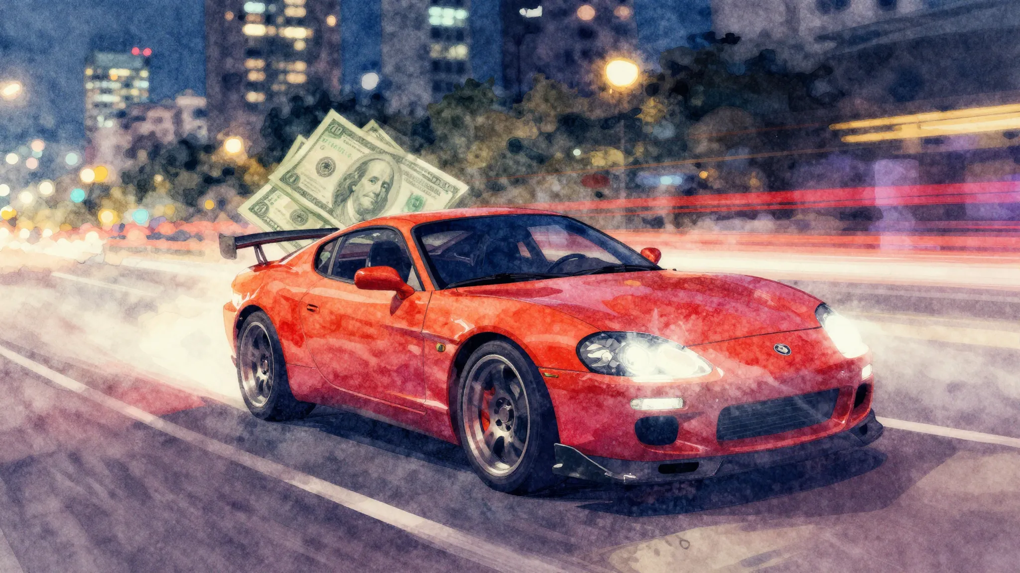 Vibrant watercolor style. Rock album cover, fast car, money,...
