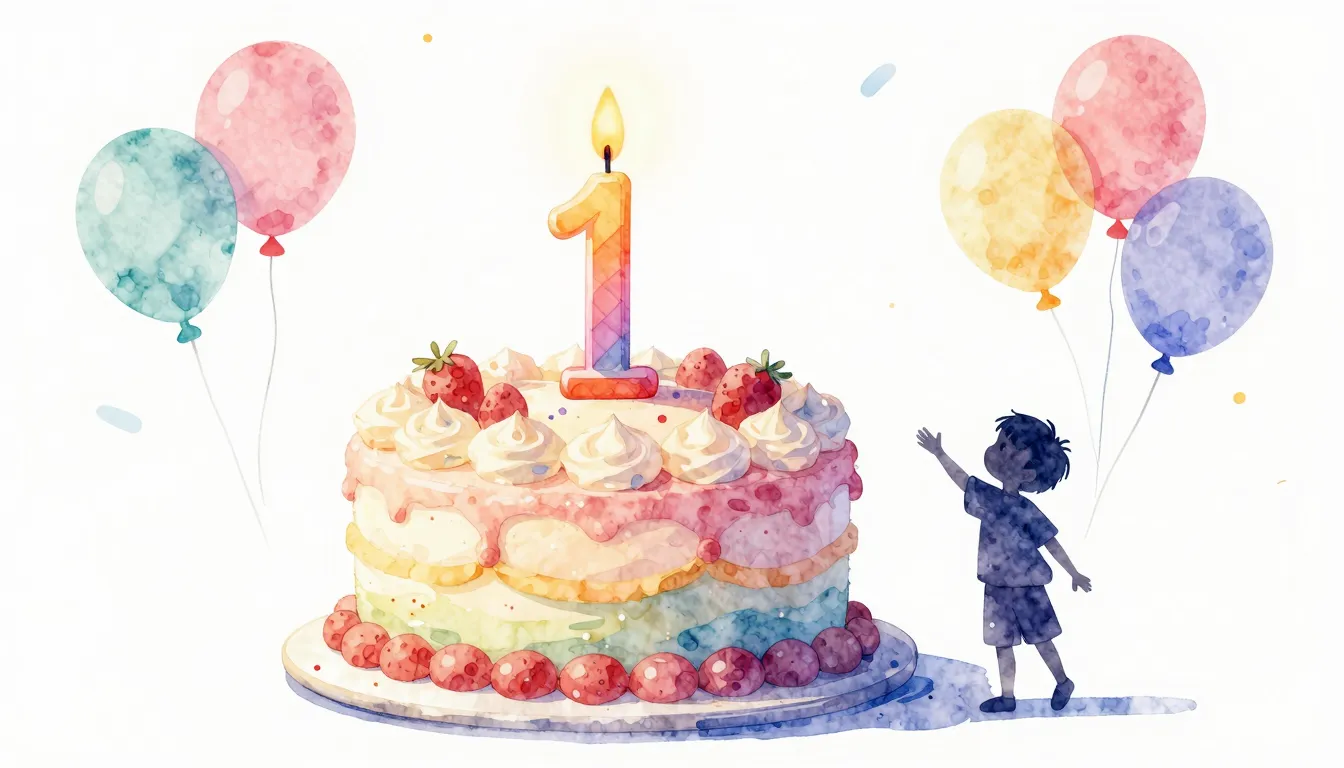 Watercolor style. A colorful birthday cake with one candle a...