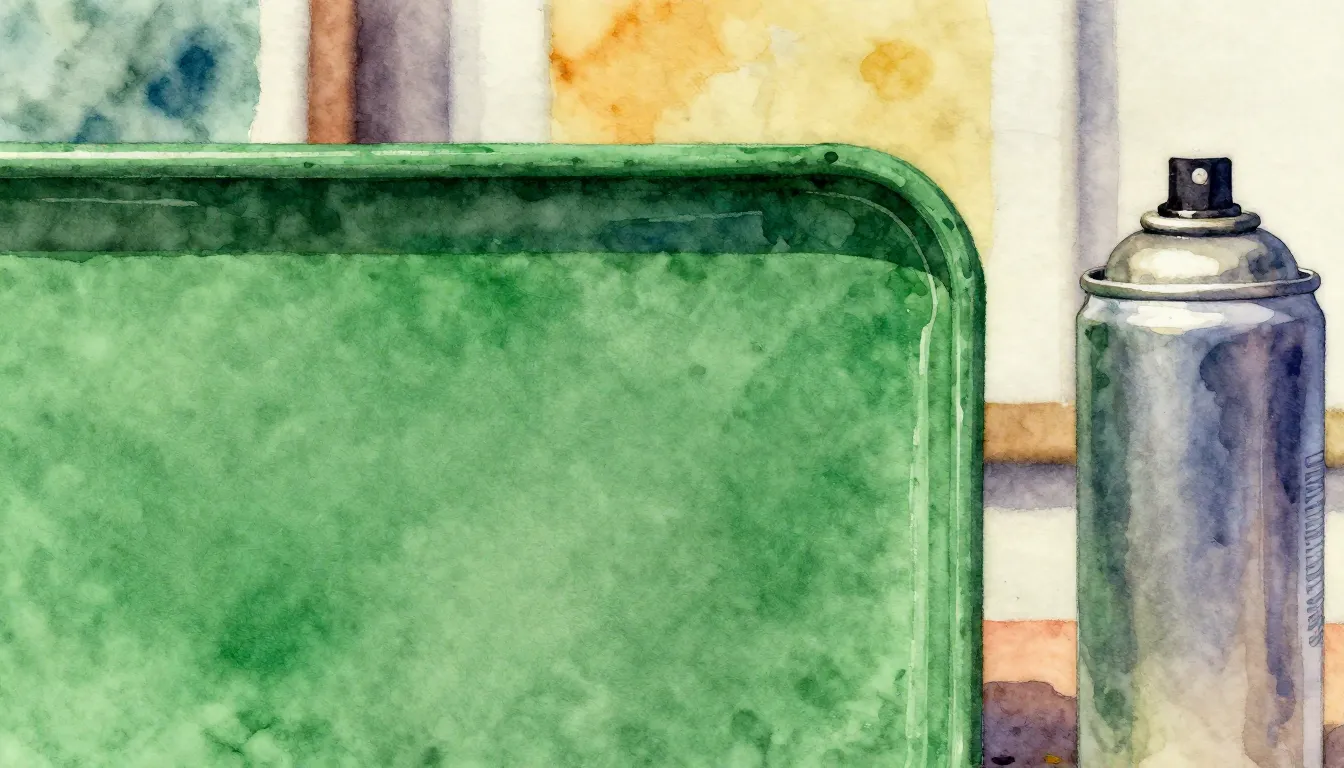Watercolor style. Close-up of a matte green painted metal su...
