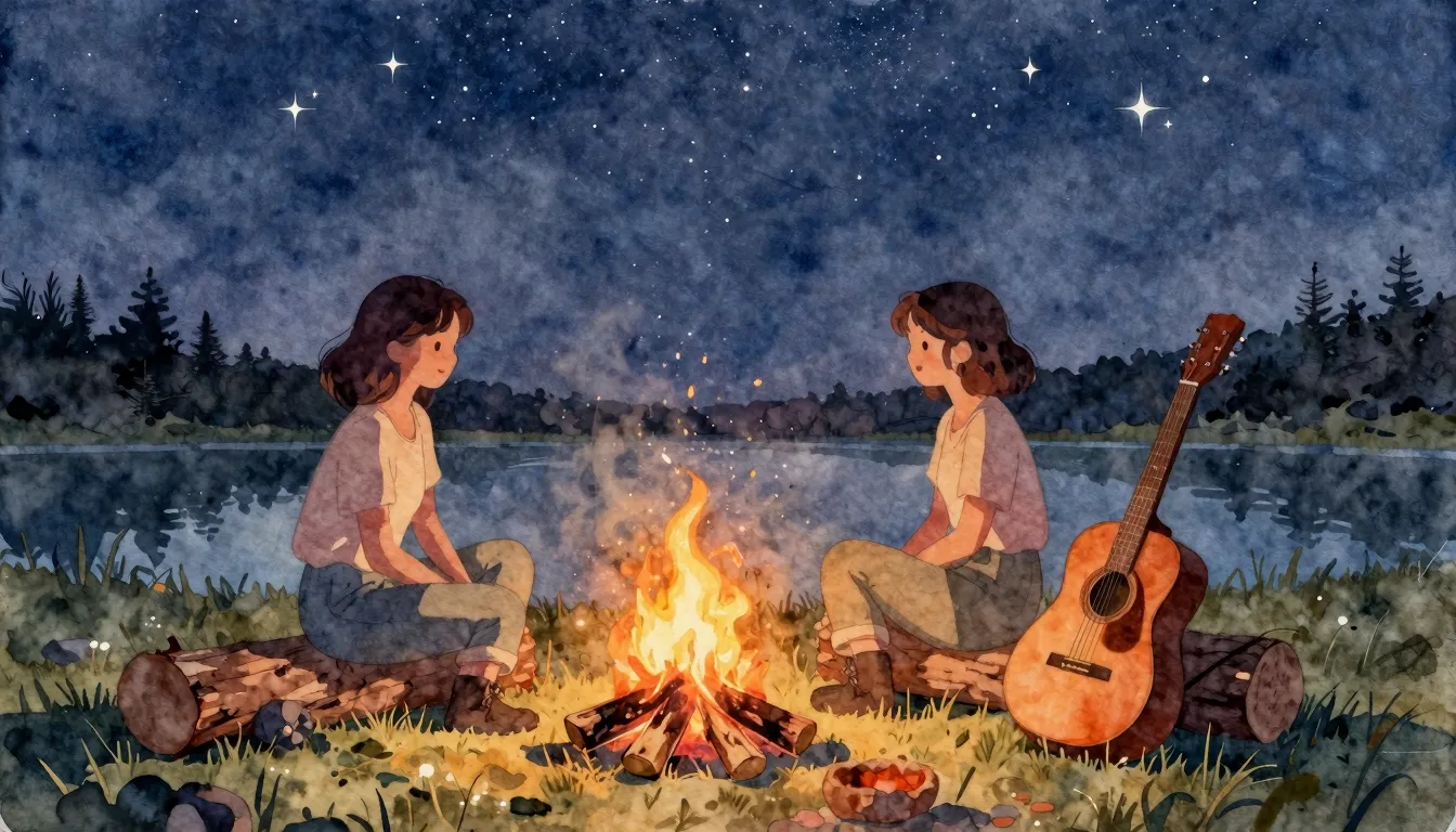 Watercolor style. Two female silhouettes are sitting by a ca...